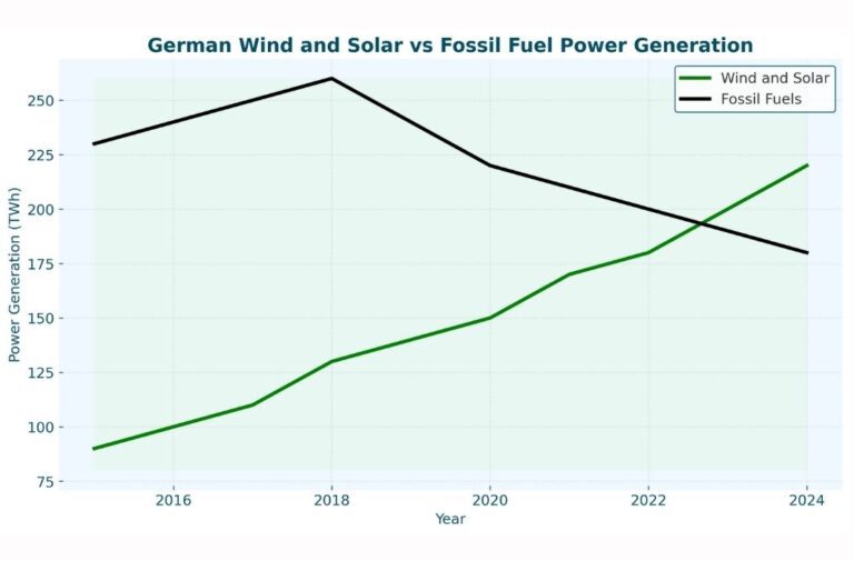 رسم بياني يُظهر أن توليد الكهرباء من الرياح والطاقة الشمسية يتجاوز الوقود الأحفوري لأول مرة في ألمانيا