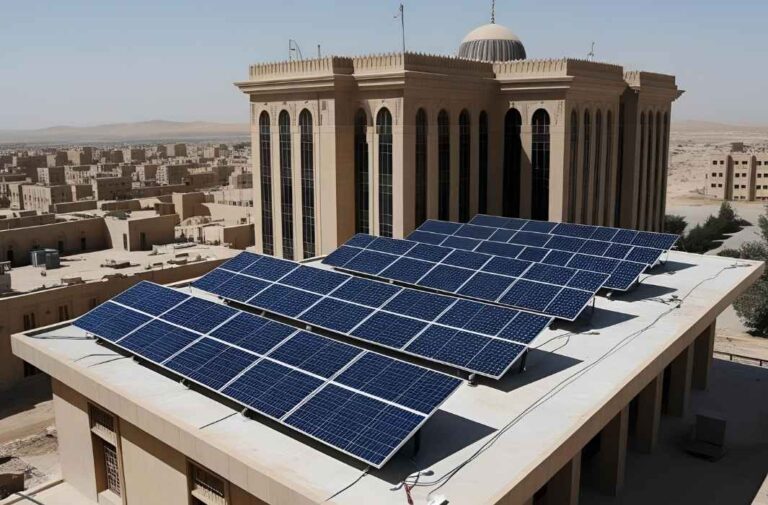 صورة تخيلية لألواح طاقة شمسية على سطح مبنى حكومي في العراق