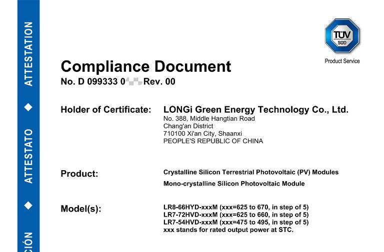 Longi Certificate TUV
