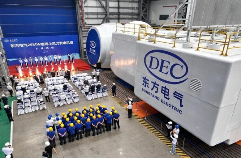 الصين تُشغّل أكبر عنفة رياح بحرية في العالم بقدرة 26 ميجاواط خلال حفل إطلاق عنفة الرياح Image Source: Xinhua